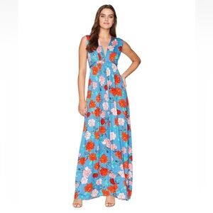 Rachel Pally Sleeveless Caftan Maxi Dress - Sz S 'Rose' Blue & Floral Print NWT